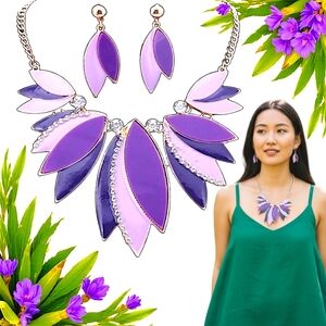 Gold plated crystal Purple Leaf necklace earrings set